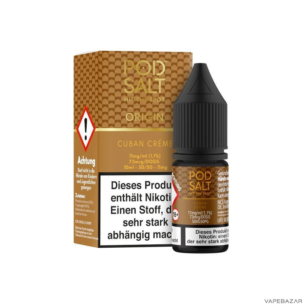Pod Salt Origin Cuban Creme Drittbild | Vapebazar Pod Salt Origin Cuban Crème Nikotinsalz Liquid 10 Ml – Verpackung