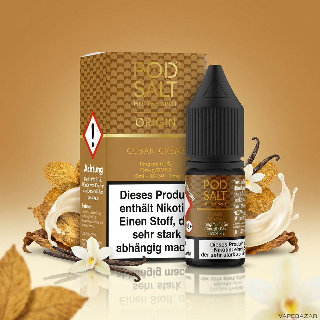 Pod Salt Origin Cuban Creme | Vapebazar Pod Salt Origin Cuban Crème Nikotinsalz Liquid 10 Ml – Verpackung Und Flasche