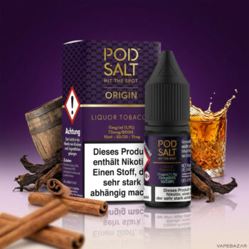 Pod Salt Origin Liquor Tobacco Nikotinsalz Liquid 10 ml – Verpackung und Flasche