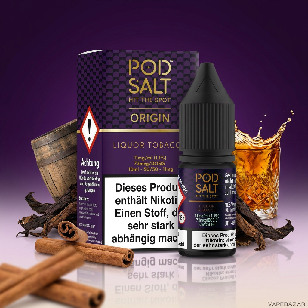 Pod Salt Origin Liquor Tobacco | Vapebazar Pod Salt Origin Liquor Tobacco Nikotinsalz Liquid 10 Ml – Verpackung Und Flasche