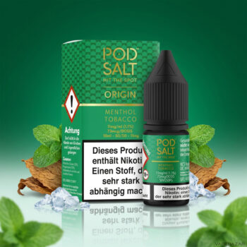 Pod Salt Origin Menthol Tobacco Nikotinsalz Liquid 10 ml – Verpackung und Flasche