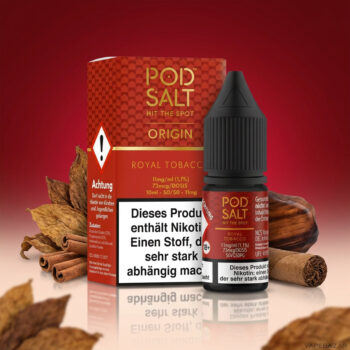 Pod Salt Origin Royal Tobacco Nikotinsalz Liquid 10 ml – Verpackung und Flasche