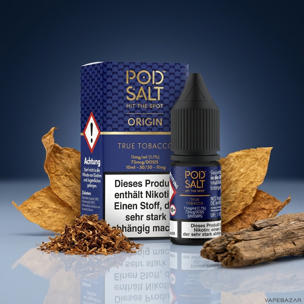 Pod Salt Origin True Tobacco | Vapebazar Pod Salt Origin True Tobacco Nikotinsalz Liquid 10 Ml – Verpackung Und Flasche