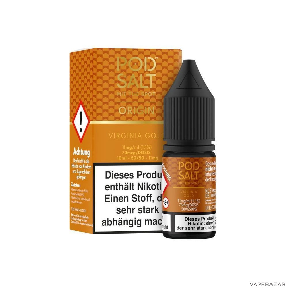 Pod Salt Origin Virginia Gold Drittbild | Vapebazar Pod Salt Origin Virginia Gold Nikotinsalz Liquid 10 Ml – Verpackung