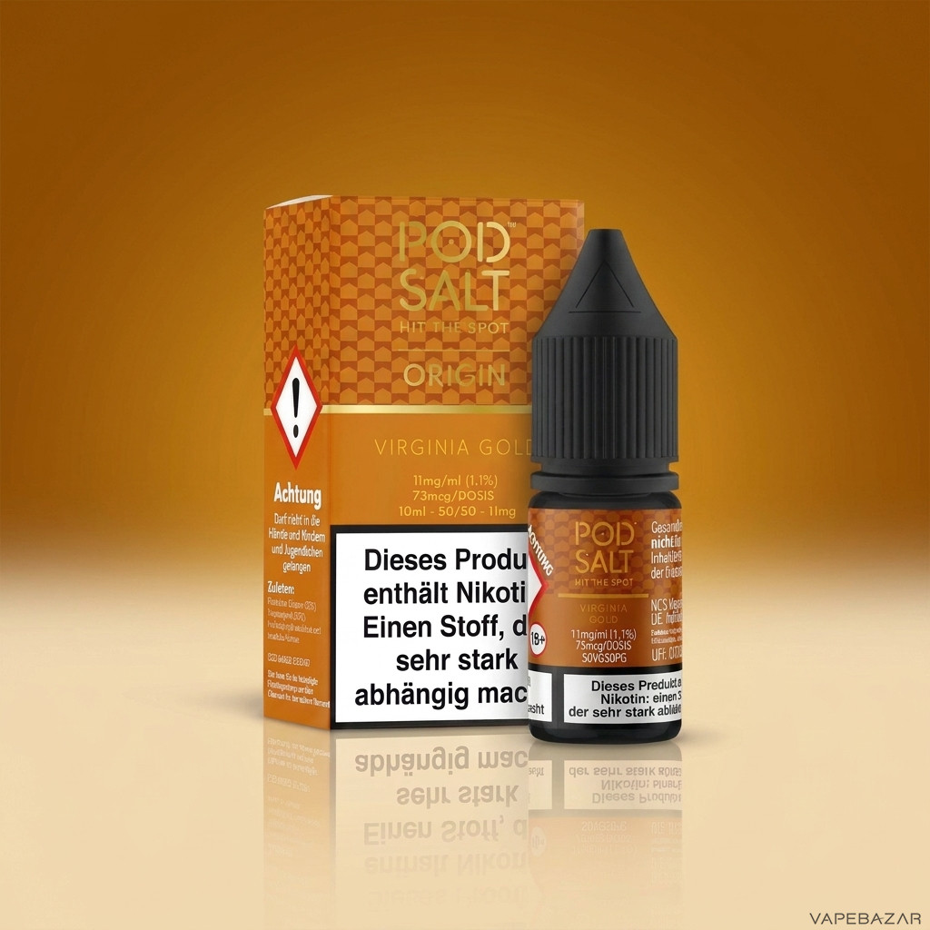 Pod Salt Origin Virginia Gold Zweitbild | Vapebazar Pod Salt Origin Virginia Gold Nikotinsalz Liquid 10 Ml – Flasche