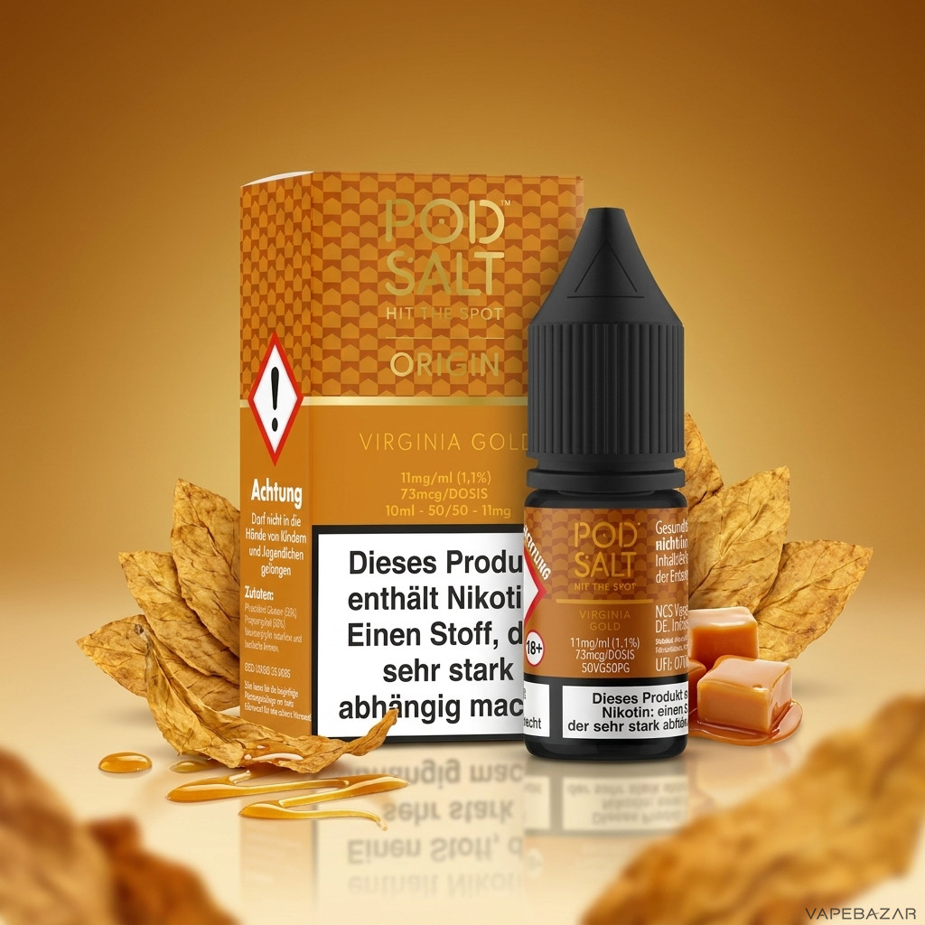 Pod Salt Origin Virginia Gold | Vapebazar Pod Salt Origin Virginia Gold Nikotinsalz Liquid 10 Ml – Verpackung Und Flasche