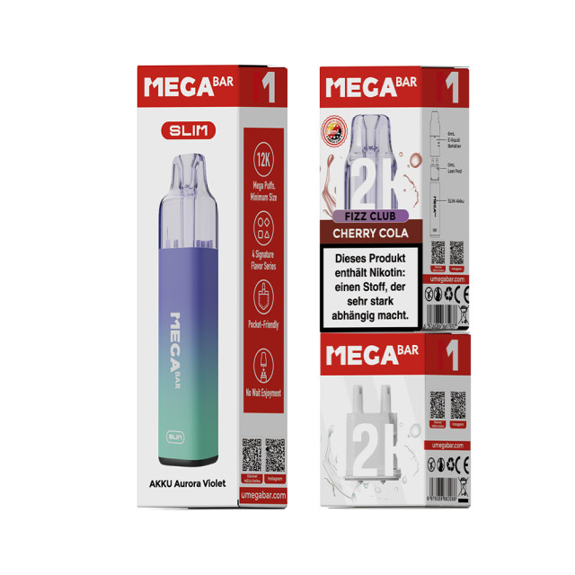 megabar slim starter kit cherry cola | Vapebazar Megabar Slim 12K Starter Kit Cherry Cola - Verpackung Akkutraeger Und Pod